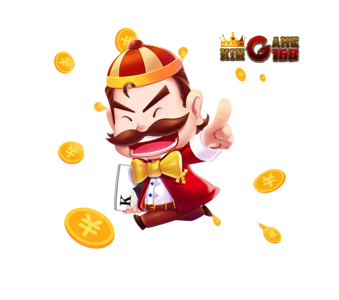 KINGGAME168 การ์ตูนตัวละครใส่มงกุฎถือไพ่ K ล้อมด้วยเหรียญทอง ภาพโปรโมทสล็อตพื้นหลังโปร่งใส